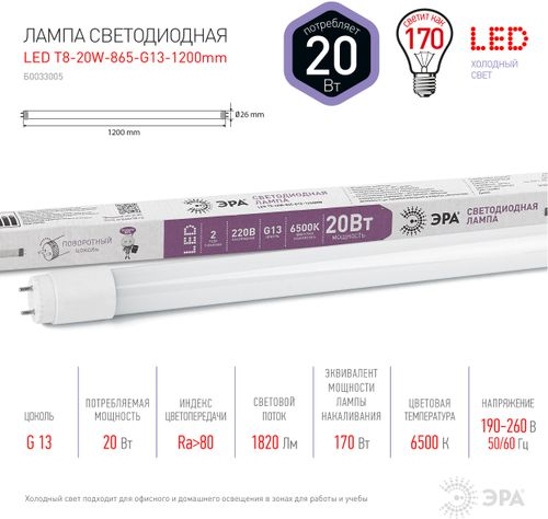 Лампа светодиодная трубка т8 20 Вт g13 6,5к холодный, изображение