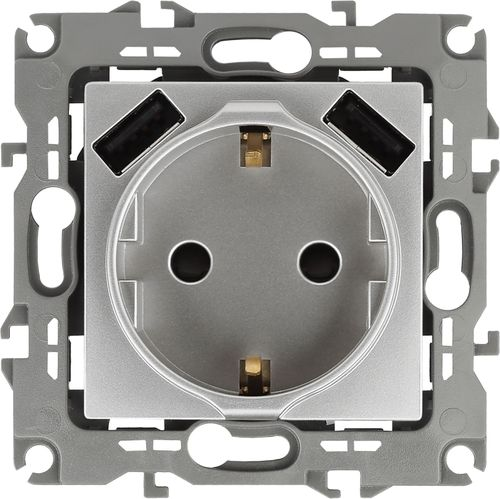 Розетка электрическая, USB 1 пост ЭРА Эра12 алюминий, крупный план
