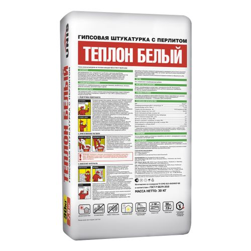 Штукатурка гипсовая базовая теплосберегающая UNIS ТЕПЛОН БЕЛЫЙ 30 кг, крупный план