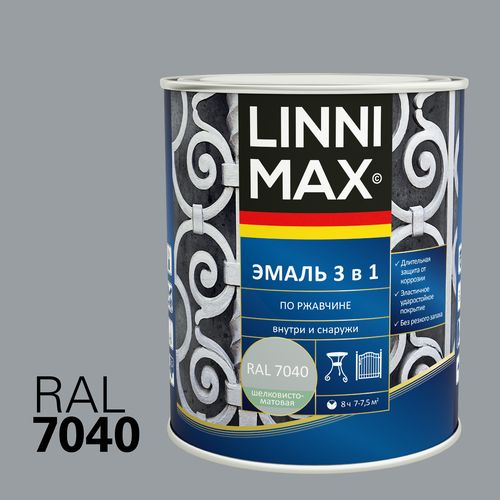 Эмаль LINNIMAX алкидно-уретановая по ржавчине 3 в 1 серая 0,75л, картинка