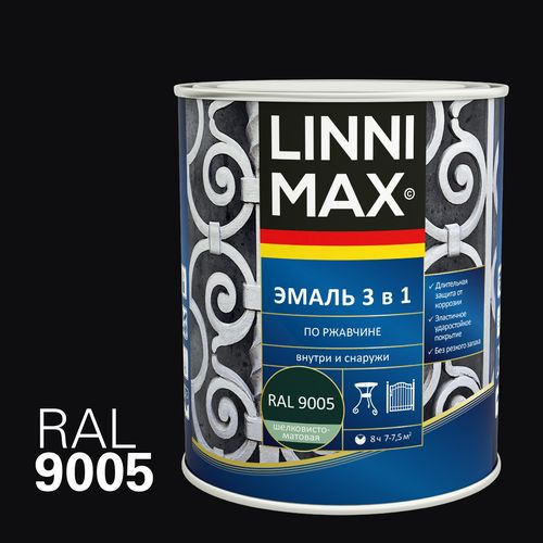 Эмаль LINNIMAX алкидно-уретановая по ржавчине 3 в 1 черная 0,75л, детальное фото