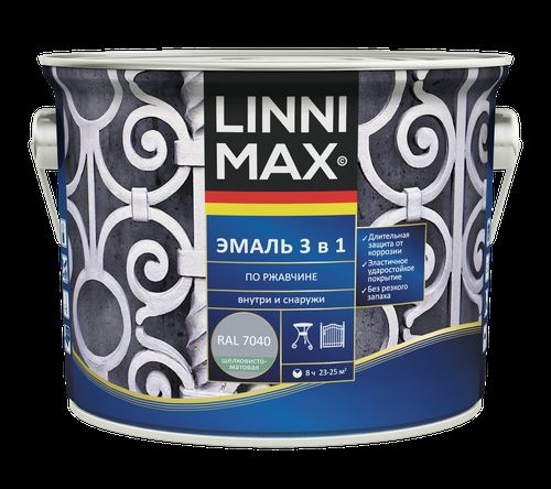 Эмаль LINNIMAX алкидно-уретановая по ржавчине 3 в 1 серая 2,5л, картинка