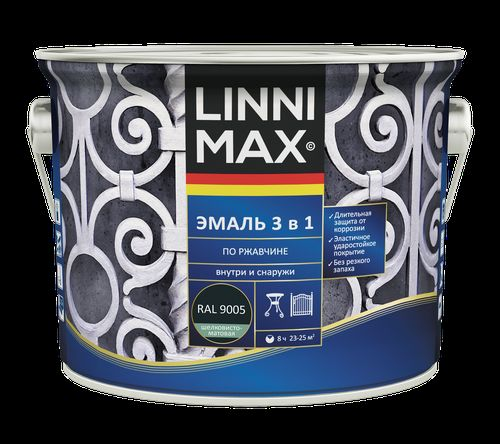 Эмаль LINNIMAX алкидно-уретановая по ржавчине 3 в 1 черная 2,5л, фотография