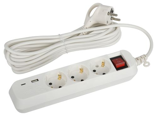 Удлинитель электрический ЭРА UB-3es-5m-USB c заземлением с выключателем 3 розетки, фото