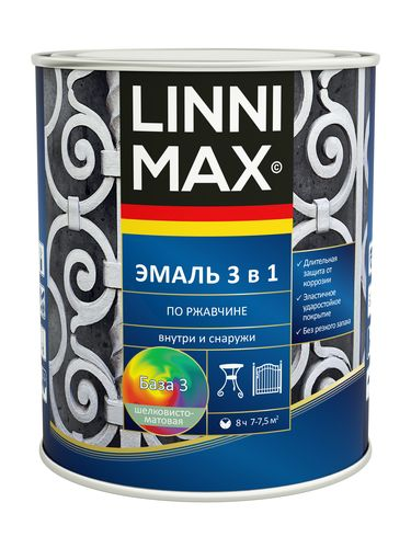 Эмаль LINNIMAX алкидно-уретановая по ржавчине 3 в 1 база 3 0,69л, крупный план