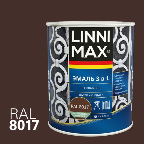 Эмаль LINNIMAX алкидно-уретановая по ржавчине 3 в 1 шоколадная 0,75 л, детальное фото