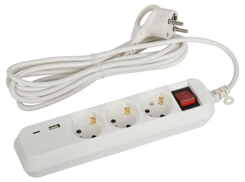 Удлинитель электрический ЭРА UB-3es-3m-USB c заземлением с выключателем 3 розетки, фото