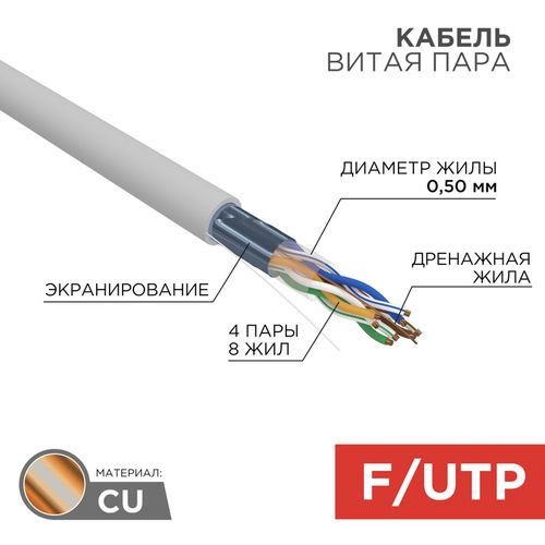 Кабель витая пара REXANT F/UTP, CAT 5e, ZH нг(А)-HF, 4PR, 24AWG, INDOOR, SOLID, серый, 305м, картинка