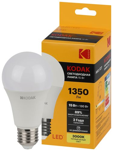 Светодиодная лампа Kodak LED KODAK E27 15W 830 A60 груша теплый белый свет, фото