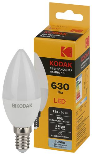 Светодиодная лампа Kodak LED KODAK E14 7W 840 B35 свеча нейтральный белый свет, вид