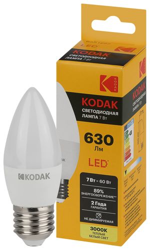 Светодиодная лампа Kodak LED KODAK E27 7W 830 B35 свеча теплый белый свет, крупный план