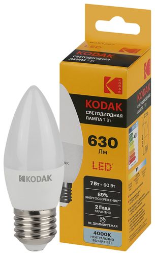 Светодиодная лампа Kodak LED KODAK E27 7W 840 B35 свеча нейтральный белый свет, крупный план