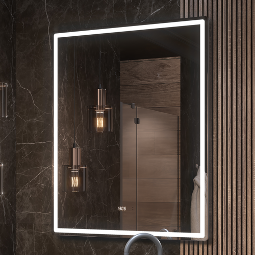 Зеркало для ванной комнаты  с LED подсветкой Штерн Luxe 80 с часами и подогревом, вид