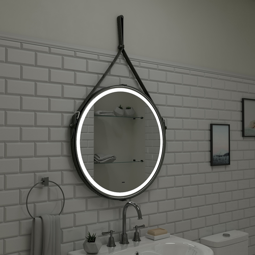 Зеркало "Seamus Black Led" D 650 на ремне из натуральной кожи черного цвета, крупный план