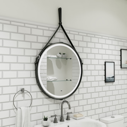 Зеркало "Seamus Black Led" D 650 на ремне из натуральной кожи черного цвета, картинка