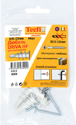 Дюбель Tecfi DRIVA HF нейлон 15x32 мм с шурупом 4 шт, изображение