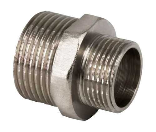 Ниппель переходной, латунь, наружная резьба 1/2"х3/8", никель, RTP, детальное фото