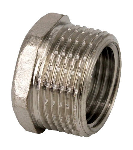 Футорка, латунь, внутренняя/наружная резьба 1/2"х3/8", никель, RTP, крупный план