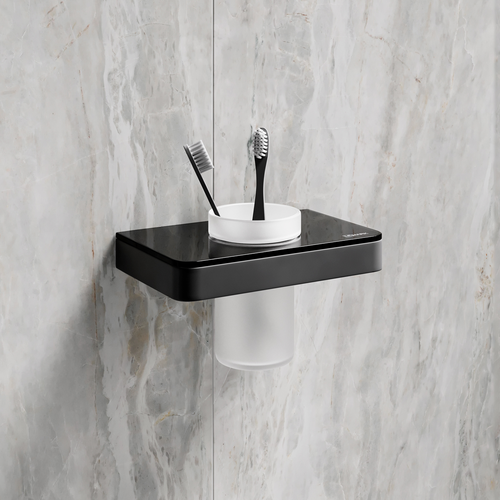 Стакан для зубных щёток Lemark 9732036 GLASS LINE с держателем, чёрный матовый/черное стекло, вид