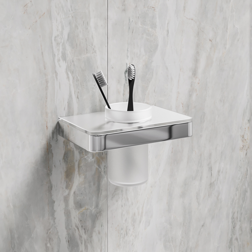 Стакан для зубных щёток Lemark 9731034 GLASS LINE с держателем, хром/белое стекло, изображение