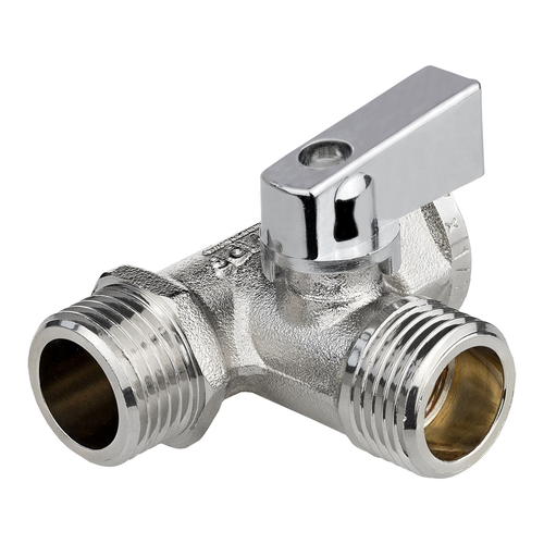 Кран шаровой трёхпроходной MPF D 1/2" х 1/2" х 1/2" латунь никель, крупный план
