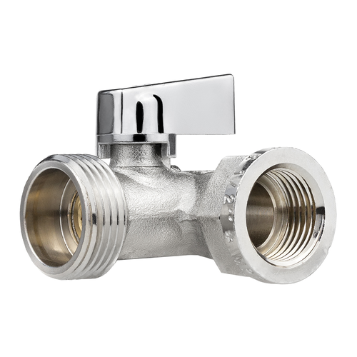 Кран шаровой трёхпроходной MPF D 1/2" х 3/4" х 1/2" латунь никель, крупный план