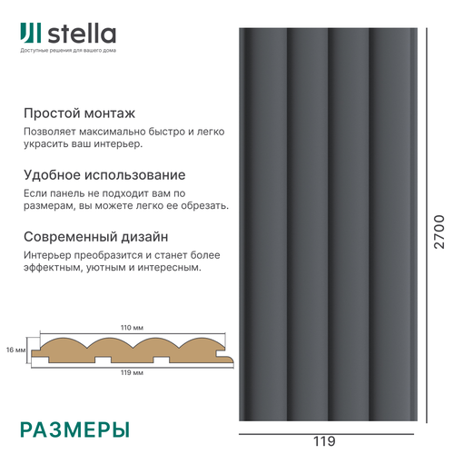 Панель Стеновая Реечная МДФ Stella Wave De Luxe Black Lead 2700x119x16 мм, детальное фото