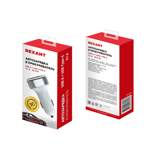 Автомобильное зарядное устройство REXANT АЗУ 3,1 А USB-A+USB-C белое, фото