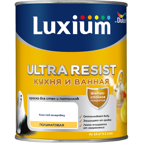 Краска Luxium by Dulux Ultra Resist кухня/ванна полуматовая BC 0,9 л, изображение