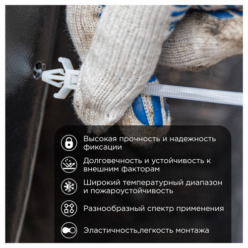 Стяжка кабельная REXANT с крепежным пистоном нейлон белый 100 × 2,5 мм 100 шт, вид