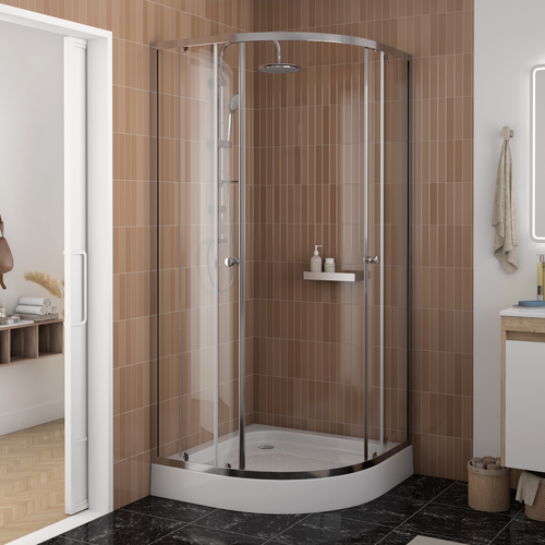 Душ уголок Watersense W00792 90х90,1/4круга,с поддоном,стекло прозрач закал,профиль хром глянц,сифон клик-клак, вид
