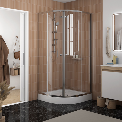 Душ уголок Watersense W00792 90х90,1/4круга,с поддоном,стекло прозрач закал,профиль хром глянц,сифон клик-клак, изображение