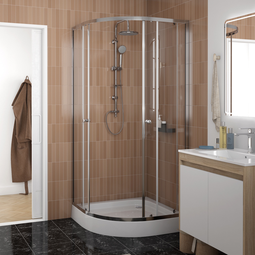 Душ уголок Watersense W00792 90х90,1/4круга,с поддоном,стекло прозрач закал,профиль хром глянц,сифон клик-клак, детальное фото