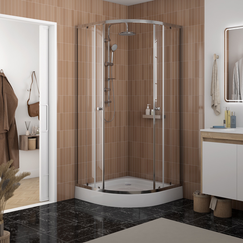 Душ уголок Watersense W00792 90х90,1/4круга,с поддоном,стекло прозрач закал,профиль хром глянц,сифон клик-клак, крупный план