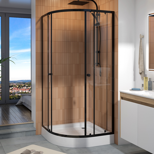 Душ уголок Watersense W00793 90х90,1/4круга,с поддоном,стекло прозрач закал,профиль черн матов,сифон клик-клак, картинка