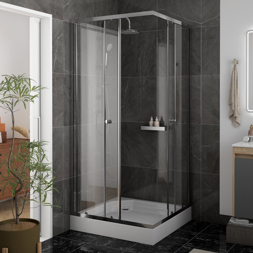 Душ уголок Watersense W00796 90х90,квадрат,с поддоном,стекло прозрач закал,профиль хром глянц, сифон клик-клак, крупный план