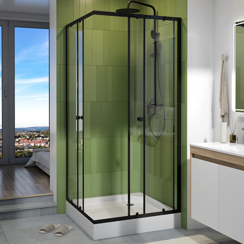 Душ уголок Watersense W00797 90х90,квадрат,с поддоном,стекло прозрач закал,профиль черн матов, сифон клик-клак, вид