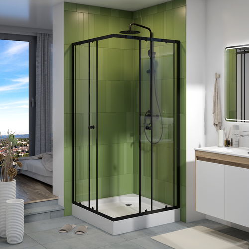 Душ уголок Watersense W00797 90х90,квадрат,с поддоном,стекло прозрач закал,профиль черн матов, сифон клик-клак, фотография