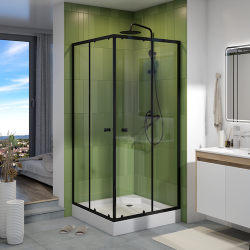 Душ уголок Watersense W00797 90х90,квадрат,с поддоном,стекло прозрач закал,профиль черн матов, сифон клик-клак, картинка
