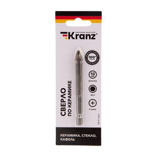 Сверло по стеклу и керамике10 мм 4 грани, шестигранный хвостовик Kranz, вид