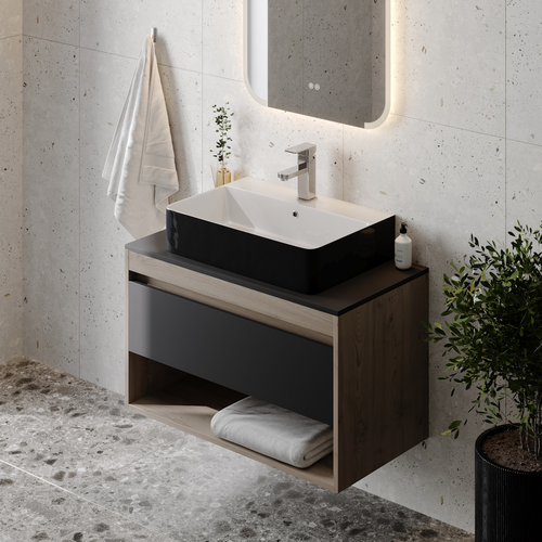 Раковина для ванной накладная Watersense Eva 60 Duo черно-белый глянец W00774, фотография