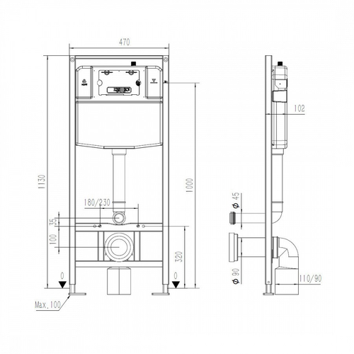 Инсталляция Watersense Areadna 55, MSW13532, для подвесного унитаза, хром. кнопка, детальное фото