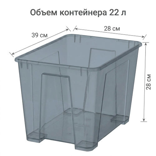 Контейнер, пластик, дымчато-серый, 39х28х28см, без крышки, 22л, картинка