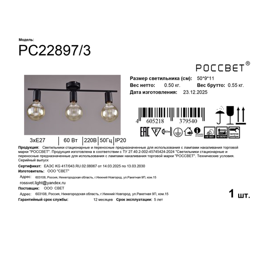 Светильник РОССВЕТ настенно-потолочный спот СНП РС22897/3 3ХE27X60 черный, крупный план