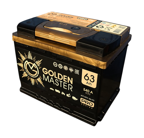Аккумулятор автомобильный GOLDEN MASTER Pro 6СТ-63 (L)-(1) 540А, крупный план
