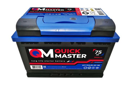 Аккумулятор автомобильный QUICK MASTER SP 6СТ-75 (R)-(0) 560A, крупный план