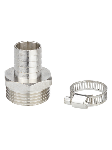 Комплект для подключения садового шланга MASTERPROF 3/4" с наружной резьбой 1", штуцер и хомут, изображение