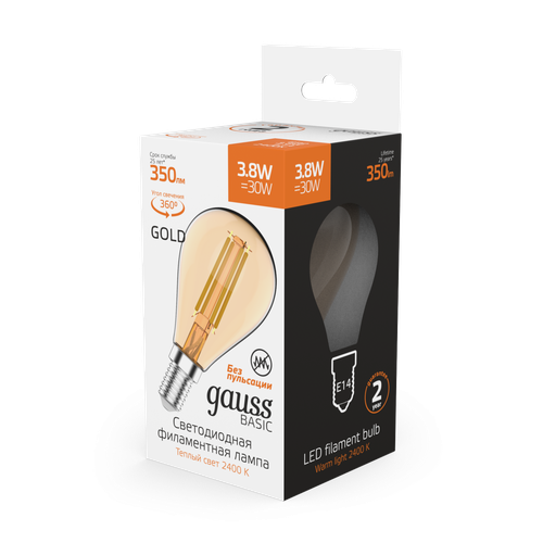 Лампа GAUSS Basic Filament Шар 3,8W 350lm 2400К Е14 golden LED 1/10/50, картинка