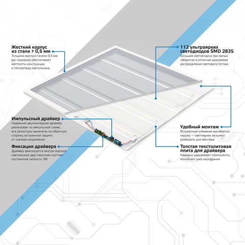 Светильник GAUSS офисный 48W 4500lm 4000K IP20 595х595х19мм призма LED 1/4, крупный план