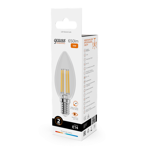 Лампа GAUSS Filament Elementary Свеча 10W 650lm 2700К Е14 LED 1/10/100, картинка